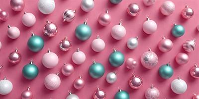 The primary subject of the image is a collection of Christmas ornaments. The ornaments are displayed on a pink background, creating a festive and warm atmosphere. The ornaments come in various shapes, sizes, and colors, including pink, green, and white. The overall visual style of the image is a combination of photo and digital art, showcasing the ornaments in a visually appealing manner.